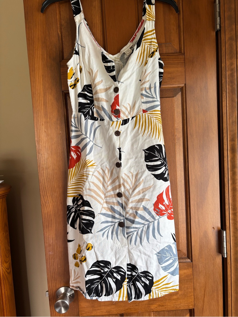 Monteau White Tropical Midi Dress with Black, Red & Mustard Leaves
